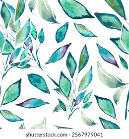 Leafy seamless pattern. Leaf, leaves, green branch textile fabric, texture background. Watercolor twig, seeds, leaf. Greenery decorative paper print. Hand drawing. Not AI, Vector illustration