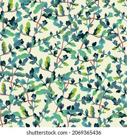 Leafy spring or summer vines seamless pattern. Plant background for fashion, wallpapers, print. Green, teal, blue, navy leaves on cream. Liberty style floral. Trendy small leaf texture design