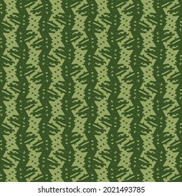 Leafy stalks rendered in an abstract way. Pattern in shades of green, with wavy stripes fringed from place to place, separated by flecked spaces.