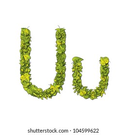 Leafy storybook font depicting a letter U in upper and lower case. Eps10 Vector.