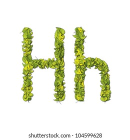 Leafy storybook font depicting a letter H in upper and lower case. Eps10 Vector.