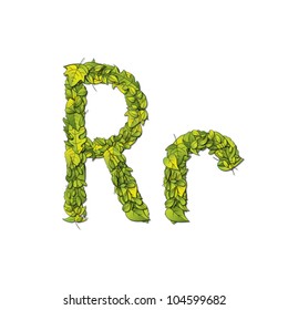 Leafy storybook font depicting a letter R in upper and lower case. Eps10 Vector.
