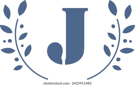 Leafy surround monogram letter J. Wreath of leaves vector illustration isolated on a white background.