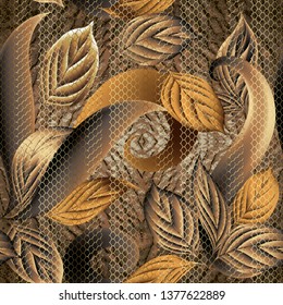 Leafy textured 3d vector seamless pattern. Ornamental brown wood background. Vintage floral surface ornament with textured leaves, swirls, lines. Grid lace repeat backdrop. Ornate 3d wallpaper, fabric