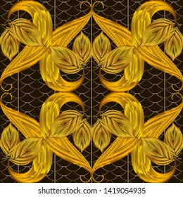 Leafy textured 3d vector seamless pattern. Ornamental autumn gold leaves background. Vintage floral surface ornament with textured leaves, swirls. Grid lace repeat backdrop. Ornate 3d wallpaper