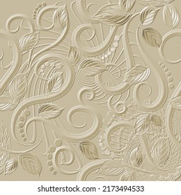 Leafy textured 3d vector seamless pattern. Floral embossed modern background. Surface hand drawn artistic ornaments. Relief emboss 3d flowers, swirls, leaves, circles, abstract shapes, spiral lines.