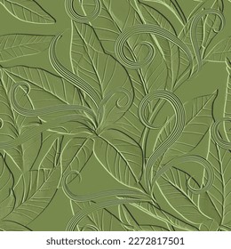 Leafy textured green 3d seamless pattern. Tropical embossed leaves background. Grunge repeat emboss backdrop. Line art  tropical leaves, swirls. Abstract hand drawn surface green plants ornaments.
