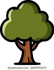 Leafy tree with dense round top and smooth brown trunk, cartoon icon for landscape and nature apps.