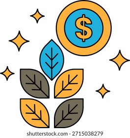 Ein blättriger Baum mit einem Dollarzeichen in der Mitte. Das Dollarzeichen ist von Sternen umgeben