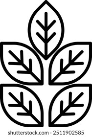 A leafy tree with five leaves. The leaves are all the same size and shape. The tree is black and white