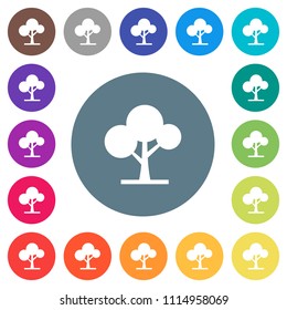 Leafy tree flat white icons on round color backgrounds. 17 background color variations are included.