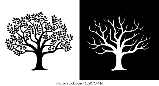 Leafy tree and scattered tree illustration set