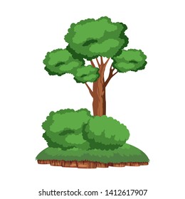 leafy tree and shruberry over a piece of ground icon cartoon isolated