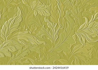 Leafy tropical emboss 3d gold green foliage pattern. Vector embossed botanical floral background. Grunge emboss drawing plants backdrop. Surface relief 3d  textured flowers leaves branches ornaments.