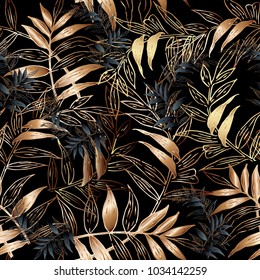 Leafy vector seamless pattern. Floral black background wallpaper with gold autumn leaves, branches, abstract ornaments. Surface modern texture. Ornate luxury design for fabric, textile, prints