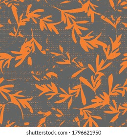 Patrón transparente vectorial. Papel de fondo gris floral con hojas de otoño de color naranja, ramas, ornamentos abstractos. La textura superficial moderna. Diseño organizativo de lujo para tejidos, textiles, impresiones