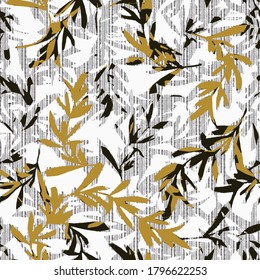 Leafy vector seamless pattern. Floral white background wallpaper with gold autumn leaves, branches, abstract ornaments. Surface modern texture. Ornate luxury design for fabric, textile, prints