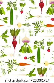 Leafy Vegetables and Greens Seamless Pattern Background. Market fresh roots with leaves EPS8 vector illustration. Use any background color.