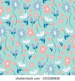 leafy 70’s vintage botanical floral vector seamless pattern mint background editable