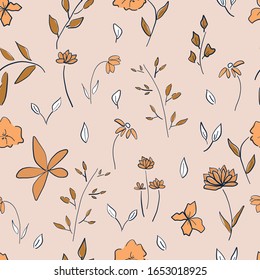 leafy 70’s vintage botanical floral vector seamless pattern peach background editable