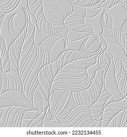 Leafy white 3d lines seamless pattern. Tropical floral background. Repeat textured white vector backdrop. Surface emboss leaves. 3d endless ornament with embossing effect. Leafy embossed texture.