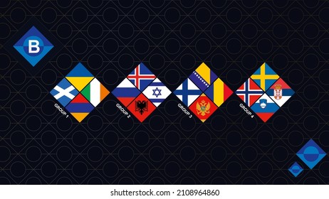 League B Flags of the Football Competition. National Teams Flags sorted by group. Dark rhombus background.