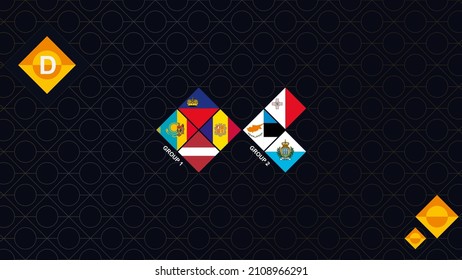 League D Flags of the European Football Competition. National Teams Flags sorted by group. Dark rhombus background.