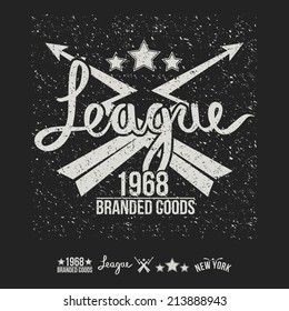 League emblem graphic design for t-shirt. White print on a black background