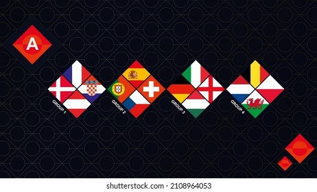 League A Flags of the Football Competition. National Teams Flags sorted by group. Dark rhombus background.