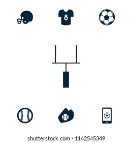 League icon. collection of 7 league filled icons such as football on phone, goal post, football t shirt, baseball glove, baseball. editable league icons for web and mobile.