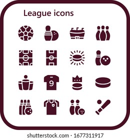 league icon set. 16 filled league icons.  Simple modern icons such as: Football, Bowling, Football field, Puck, Beer pong, Soccer jersey, Football jersey, Baseball