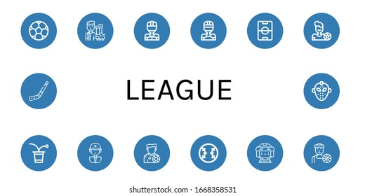 league icon set. Collection of Soccer ball, Football player, Hockey player, Football field, Beer pong, Baseball player, Footballer, Baseball, Basketball Hockey stick icons