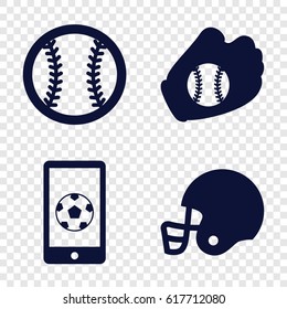 League icons set. set of 4 league filled icons such as football on phone, baseball glove, baseball