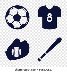 League icons set. set of 4 league filled icons such as football t shirt, baseball glove, baseball bat