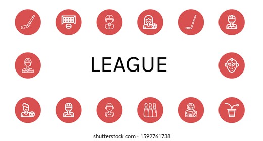 league simple icons set. Contains such icons as Hockey stick, Hockey goal, Baseball player, Football player, Hockey player, Basketball can be used for web, mobile and logo