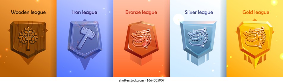 Leagues shields of rating icons for mobile game UI. Victory trophy copcept. Score achievements icons. Golden bronze silver wood iron leagues with dragon. Epic gamer set. Isolated vector illustration