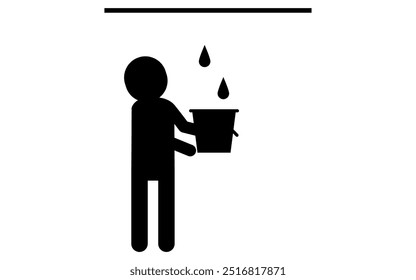 Leak Caution, Person Responding to Leak with Bucket, Pictogram for Safety Signs, Danger, and Warnings, Vector Illustration