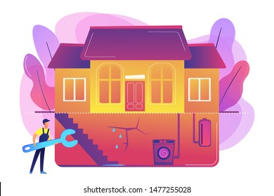 Leak fixing, foundation repair. Plumbing, pipes leakage in cellar. Basement services, best basement contractors, basement waterproofing concept. Bright vibrant violet vector isolated illustration