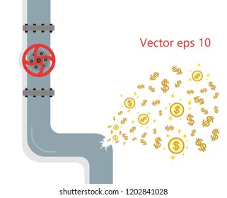 The leak from the pipeline is damaged. Gap, crash is a crack in the plumbing. Concept money is lost due to breakage. Vector flat style.
