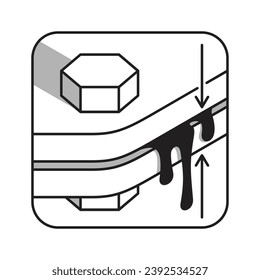 Leak protection gasket for car oil pan - square thin line icon - strikethrough motor oil drop leaking between pan and engine