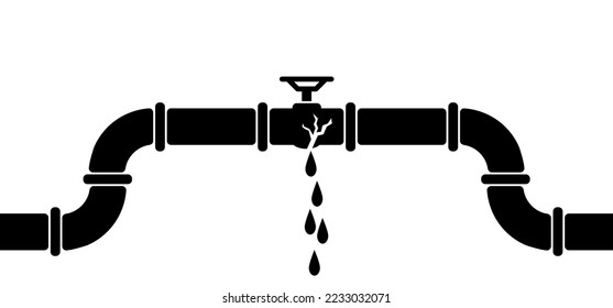 Leckage-, Öl- oder Gasleitung mit Armaturen und Ventilen. Pipeline, schwarzer Wasserhahn, öffnen, schließen. Cartoon-Wasserstrahl mit durchlaufender Rohrleitung, Klempnersystem. Wasserhahn-Vektor. Alter Wasserhahn, Leck oder Leckage.