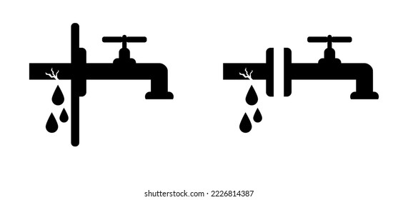 Leakage. Cartoon water jet with leaky pipe line, plumbing system. Faucet vector icon. Old water tap or water drops. Water leak or leakage icon or symbol. Broken pipeline or pipe line. Pipe pitting.