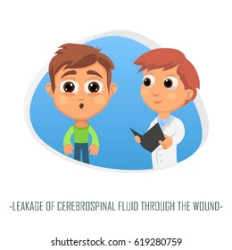 Leakage of cerebrospinal fluid through the wound medical concept. Vector illustration. Doctor and patient are talking in the hospital. Isolated on white background.