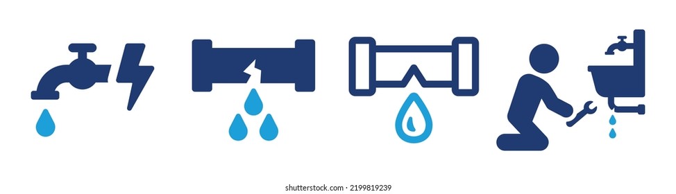 Wasserrohrsymbol für undichte Stellen. Techniker-Klempner reparieren beschädigte Senken, Vektorsymbol-Abbildung.