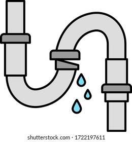 Leaked Bend Grey Pipe with water Drops Concept. Plumber Fitting Tube Leakage Issue Vector Color Icon design. Joint Damaged Symbol.