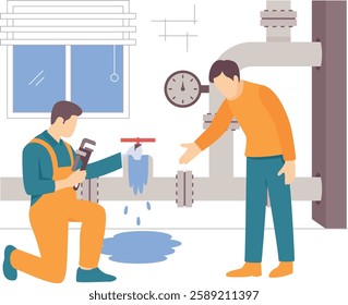 Leaked Commercial Pipes Leading to slip hazards or system failures concept, Supervisor Inspecting Joint vector design, plumbing worker banner, Handyman Services scene, HVAC technician illustration