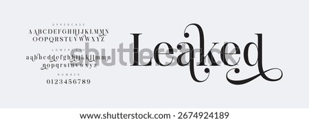 Leaked Elegant Font Uppercase Lowercase and Number. Classic Lettering Minimal Fashion Designs. Typography modern serif fonts regular decorative vintage concept. vector illustration

