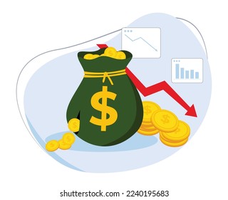 leaking bags of gold coins and declining business charts. investment decline