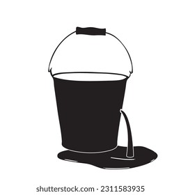 Leaking bucket with a hole and a puddle.