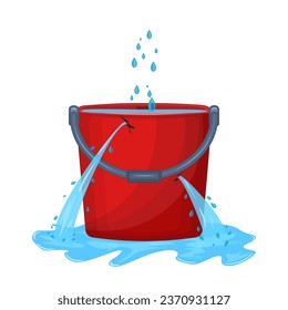 Leaking bucket and puddle on white background. Pail with hole full water. Water leaking from bucket.Useless bucket.Water is poured of hole in old bucket.Cracked red plastic pailful.Vector illustration